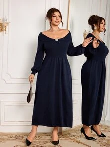 Modelyn Plus Size Elegant Rhinestone Decorated Pleated Sweater Dress - Navy Blue - View 5