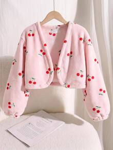 SHEIN 青少年女孩毛絨櫻桃印花休閒時尚可愛極簡風開襟外套，秋冬/四季穿著 - 粉色 - 查看 1