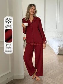 DAZY Women's Lace Patchwork Long Sleeve Top And Pants Casual Daily Home Sleepwear Set - Red - View 5