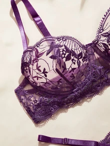 Charlaine Women's Lace Sexy Daily Spaghetti Strap Bra And Thong Lingerie Set - Purple - View 3