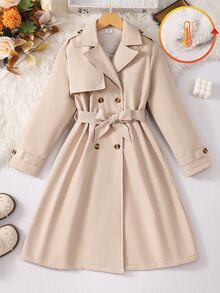 SHEIN 女童 8-12 歲保暖內裡中長款風衣，卡其色雙排扣收腰外套，休閒簡約日常穿著，適合外出與上學 - 卡其色 - 查看 1