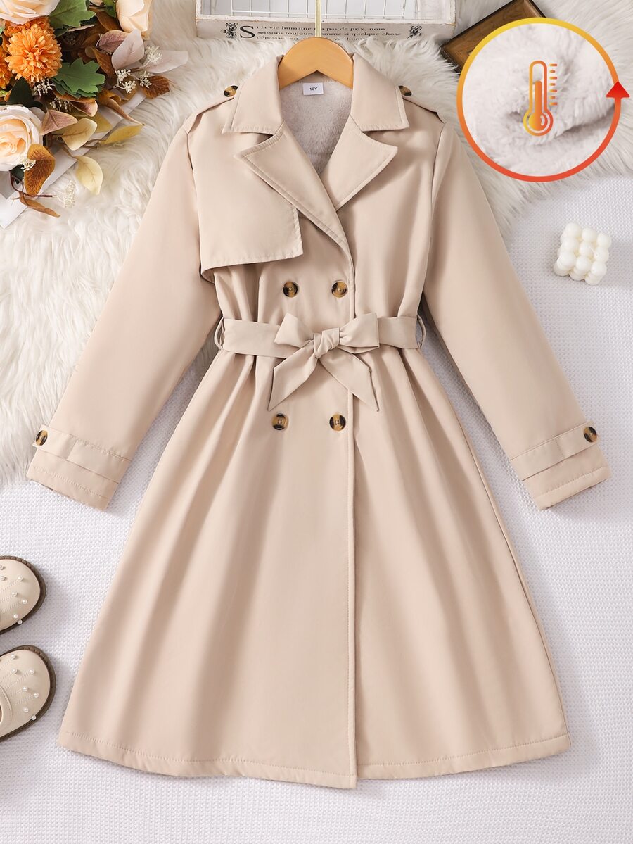 SHEIN 女童 8-12 歲保暖內裡中長款風衣，卡其色雙排扣收腰外套，休閒簡約日常穿著，適合外出與上學 - 卡其色 - 查看 1