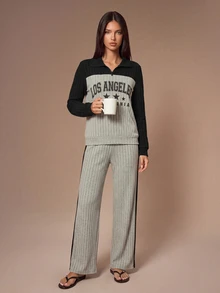 Lazeform Women's Casual Letter Print Lapel Half-Zip Contrast Color Long Sleeve Long Pants Pajama Set - Multicolor - View 2