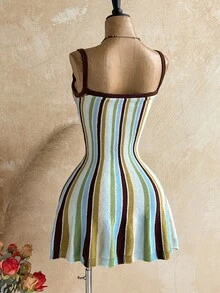 Soleia Colorblock Textured Beach-Style Cinched Waist Slim Fit Asymmetrical Hem Ruffle Trim Flattering Elegant Cami Dress For Casual Wear, Commute, Afternoon Tea, Date And Vacation - Multicolor - View 8