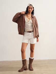 Bohemela Jaket Wanita Tenun Warna Polos Kasual - Coklat - View 8