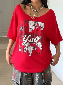 StreetHx 女款露肩寬鬆版型 Howdy Y'all 西部牛仔公牛頭白色大碼加大號 T-shirt - 紅色 - 查看 4