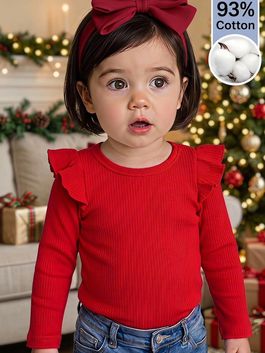 SHEIN Baby Girl Knitted Solid Color Round Neck Ruffle Trim Casual T-Shirt Top - Red - View 1
