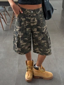 Livesso 軍綠色高腰鈕扣水洗純色口袋裝飾寬鬆A字女款牛仔短褲 - 軍綠色 - 查看 5