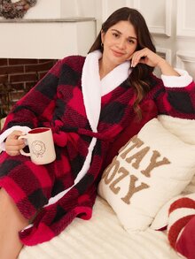 Doze Lane Plus Size Women's Colorblock Plush Plaid Lapel Short Robe - Multicolor - View 6