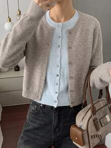 Strévra Women's Wool Colorblock Casual Daily Cardigan - Khaki - View 5
