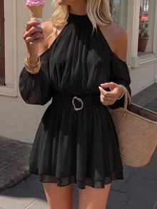 KARISMINA 女款高領泡泡長袖單肩露肩收腰層次荷葉邊迷你洋裝，優雅派對穿搭 - 黑色 - 查看 9