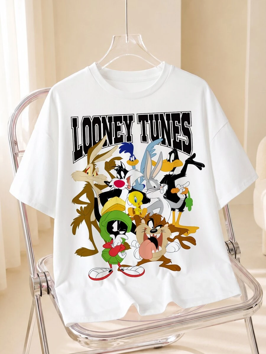 LOONEY TUNES X SHEIN Plus Size Women's Letter Cartoon Print Casual Everyday T-Shirt - White - View 1