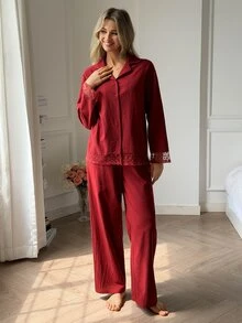 DAZY Women's Lace Patchwork Long Sleeve Top And Pants Casual Daily Home Sleepwear Set - Red - View 9