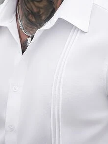 Manfinity Mode 男士大尺碼白色修身百褶商務長袖襯衫 - 白色 - 查看 3