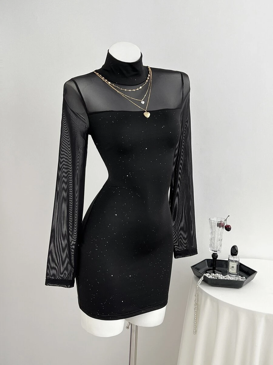 Elamini Women's High Neck Sheer Mesh Patchwork Dress - Black - View 1