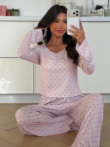 ZzzCrew Polka Dot Print Long Sleeve Long Pants Pajama Set - Pink - View 6