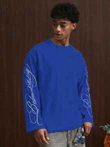 TOKVUE Men's Young Casual Vintage Font Print Long Sleeve T-Shirt - Dusty Blue - View 6