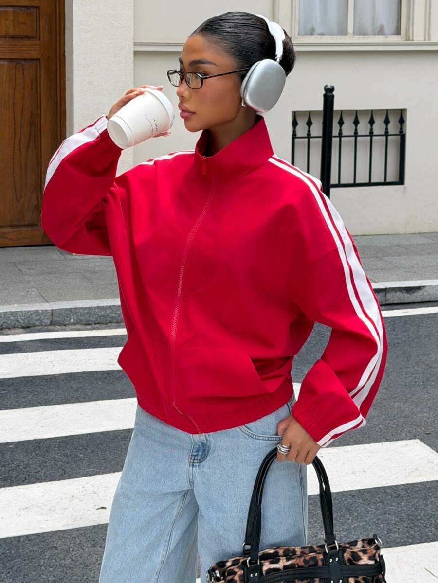 Muchica Women's Colorblock Casual Daily Long Sleeve Jacket Winter Jacket: Red Knit High-Neck Style With Drawstring Waist And Neck Tie Detail Work Out - Apricot - View 1
