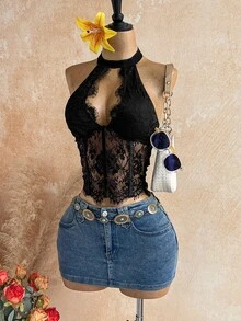 Soleia Women'S Lace Slim Fit Sexy Fashion Solid Color Halter Neck Tie-Up Vest - Black - View 3