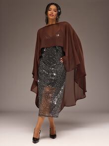 Freevana Elegant Brown Sheer Mesh Poncho Top Silver Metallic Sequin Long Skirt Chic Party Two Pieces Set - Brown - View 1