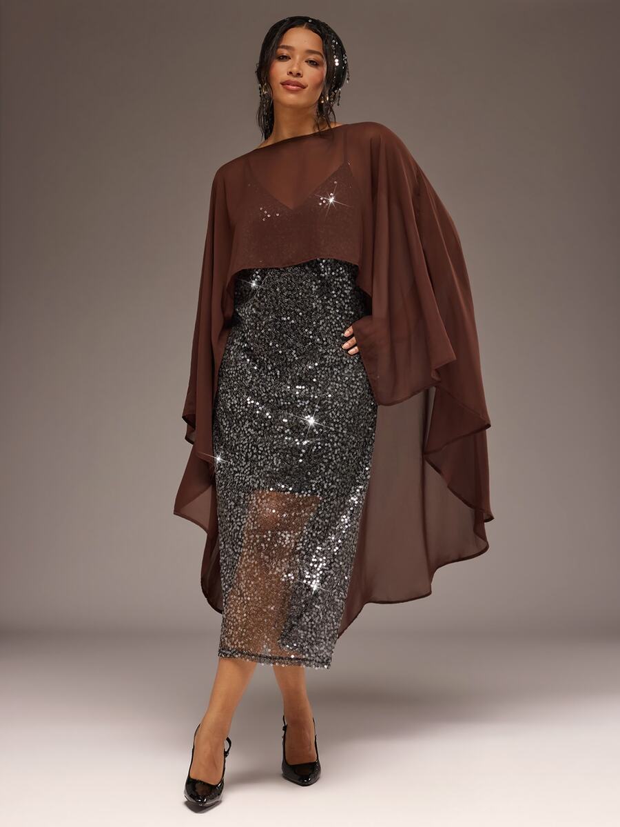Freevana Elegant Brown Sheer Mesh Poncho Top Silver Metallic Sequin Long Skirt Chic Party Two Pieces Set - Brown - View 1