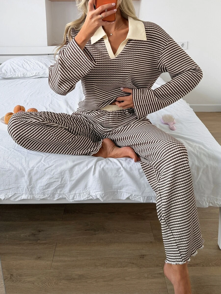Livesso Women's Striped Colorblock Long Sleeve Top And Pants Loungewear Set - Apricot - View 1