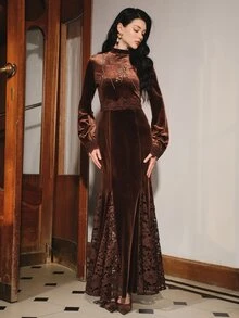 Anewsta Women's Elegant Long Sleeve Contrast Lace Trim Dress, Elegant Wedding Guest Party Dress, Velvet Beaded High Neck Elegant Dress - Bronze - View 3