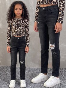 SHEIN 女童藍色復古水洗破洞直筒高彈力緊身牛仔褲，時尚百搭，適合外出、運動、玩耍，易於活動，春夏可單穿，秋冬可內搭 - 黑色 - 查看 12