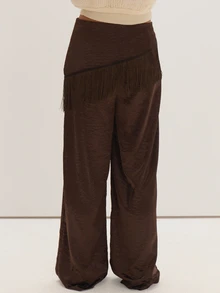 MUSEYN Brown Satin Tassel Layered Detail Trousers Date Night Timeless New Season Fall - Rust Brown - View 4