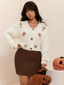 CovetEZ Spring/Autumn New Halloween Maple Leaf Embroidered Printed Casual Plus Size Cardigan - Beige - View 5
