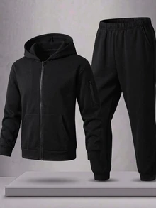 SHEIN 2件組兒童青少年男孩連帽衛衣秋季外套與黑色印花長褲休閒運動寬鬆套裝，適合戶外運動與上學 - 黑色 - 查看 1