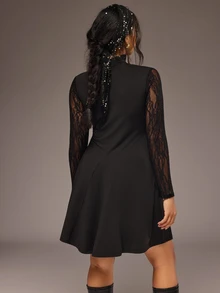 Freevana Plus Size Elegant Commuter Lace Patchwork Stand Collar Dress - Black - View 2