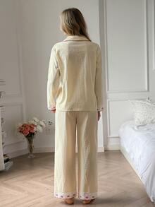 DAZY Women's Colorblock Long Sleeve Top And Pants Casual Daily Home Sleepwear Set - Beige - View 2