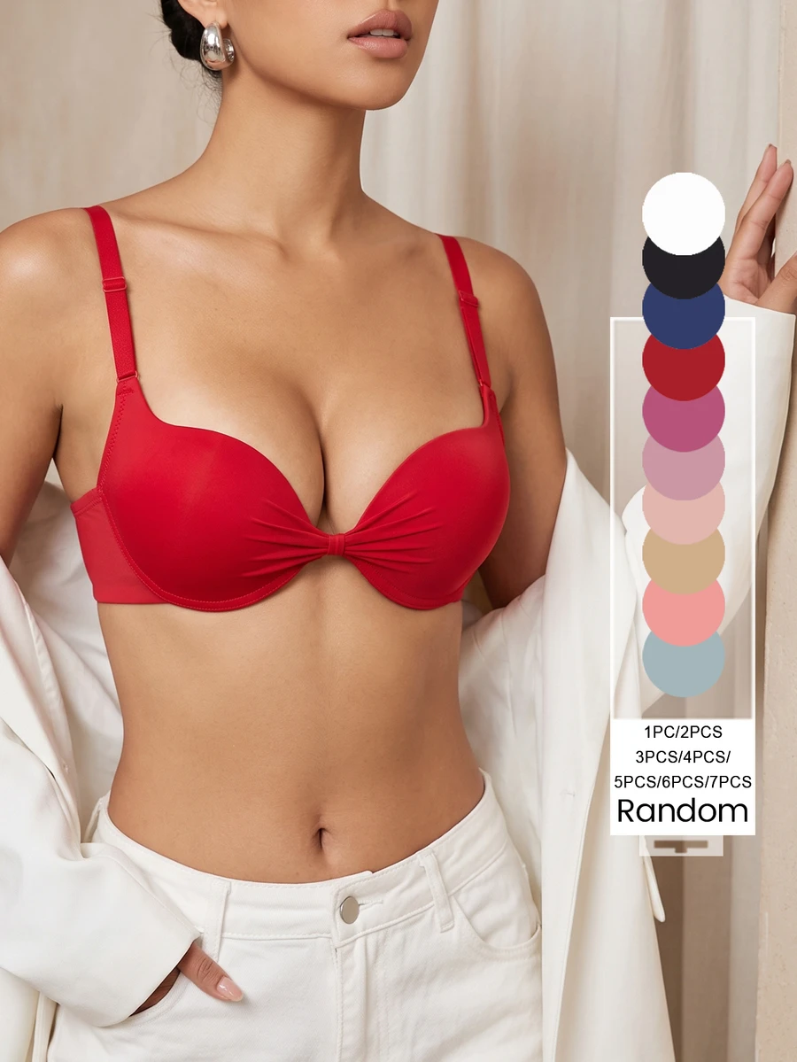 Bralution Women Elegant Ruched Bow Tie Front Underwire Push Up Bra Minimalist T-Shirt Bra Everyday Comfort Bra - Multicolor - View 1