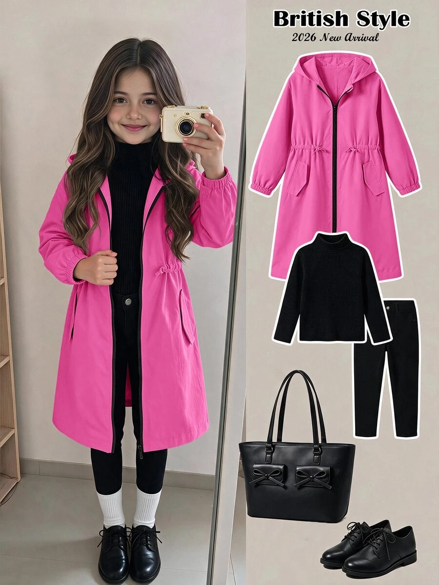 SHEIN 女童小女孩休閒字母裝飾寬鬆文字膠帶連帽口袋中長版派克外套 秋季夾克 - 玫紅色 - 查看 1