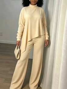 INAWLY Solva Women's Solid Color Stand Collar Long Sleeve Top And Pants Casual Daily 2 Pieces Set - Apricot - View 4