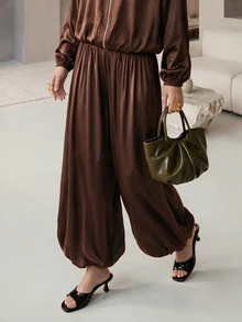 Rue Lumi Women's Loose Solid Color Cuffed Leg Long Pants, Fall High Tea Everyday Dark Brown Casual Elegant Thanksgiving Brunch - Brown - View 1