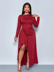 SOLERSUN Designed For European And American Women With Wide Hips And Large Belly, Asymmetrical Neckline Long Sleeve Glitter Evening Gown, Side Ruched Cinched Waist Effect, Asymmetrical Ruffle High Slit Design, Suitable For Banquets, Dinner Parties And Various Formal Occasions - Red - View 2