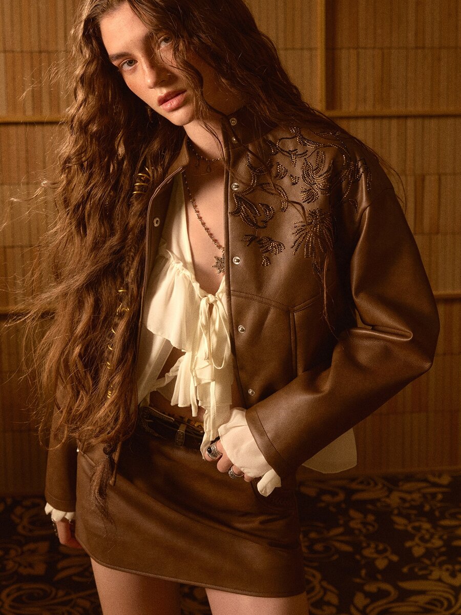 MOTF STUDIO WOMEN'S AUTUMN/WINTER VINTAGE MOTORCYCLE STYLE EMBROIDERED JACKET - Mocha Brown - View 2