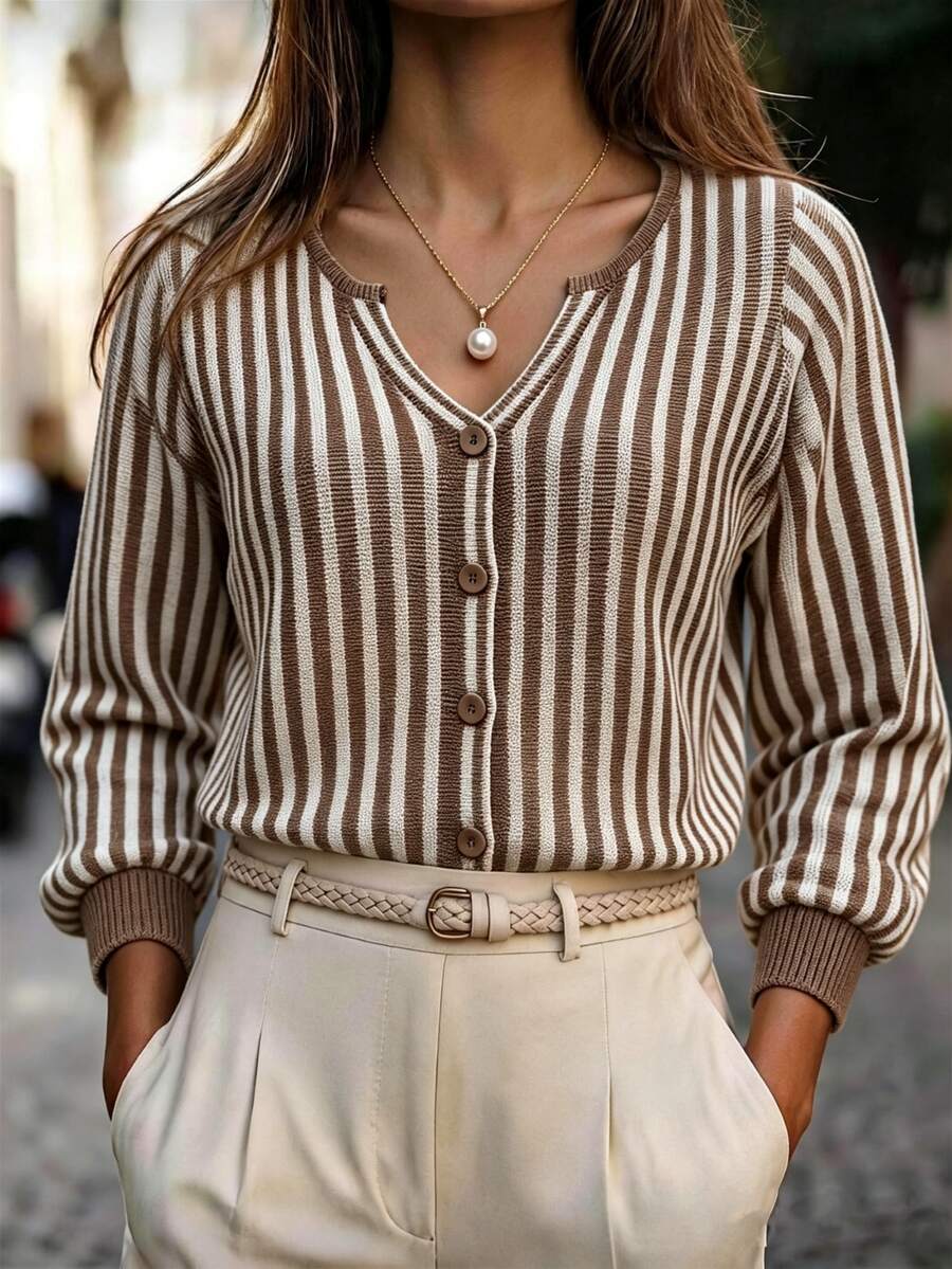 RosyDaze Women's Striped Dropped Shoulder Long Sleeve Single-Breasted Casual French Elegant Knit Cardigan Office Brown Striped Autumn - Coffee Brown - View 1
