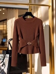GlowEve CURVE Plus Size Vintage Brown Ribbed Crew Neck Metal Button Twist Knot Pullover Sweater - Brown - View 1