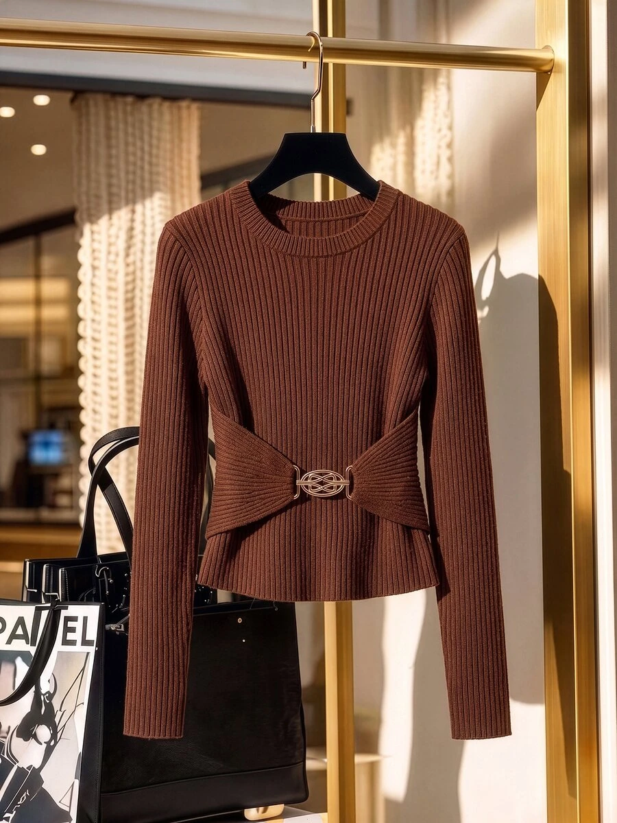 GlowEve CURVE Plus Size Vintage Brown Ribbed Crew Neck Metal Button Twist Knot Pullover Sweater - Brown - View 1