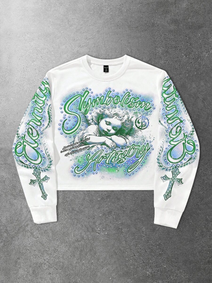 ROMWE MEN Street Life Teen Boy Letter & Little Angel Graphic Print Long Sleeve Sweatshirt - White - View 1