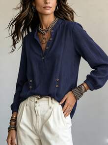 SHEIN Autumn Casual Solid Color Long Sleeve Shirt - Navy Blue - View 3