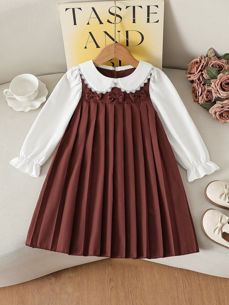 Elladie kids Set Blus Kerah Renda Vintage dan Gaun Terusan Lipit untuk Anak Perempuan, Gaya Sekolah Preppy - Coffee Brown - View 3