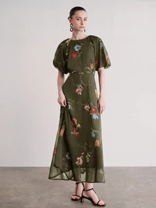 Aveloria Modichic Women's Chiffon Colorful Floral Print Raglan Sleeve Round Neck Short Sleeve Cinched Waist Elegant Long Dress - Dark Green - View 7
