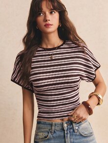 Poéselle 女款夏季休閒條紋蝙蝠袖收腰T恤 - 酒紅色 - 查看 3