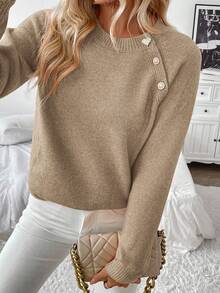 SHEIN LUNE Casual Round Neck Button-Up Knit Sweater For Women, Versatile Autumn/Winter - Khaki - View 3