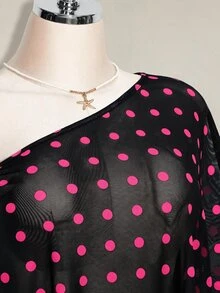 SHEIN ICON 女款大尺碼性感波點不對稱下擺網紗上衣 - 彩色 - 查看 5