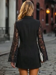 SHEIN فستان عمل أنيق مزين بالدانتيل والترقيع والأزرار - الأسود - مشاهدة 2